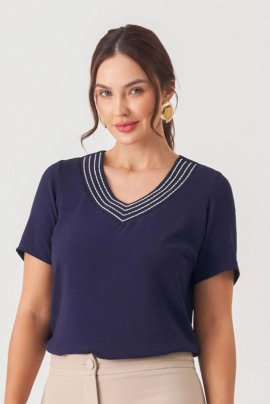 BLUSA V PESPONTO BORDADO